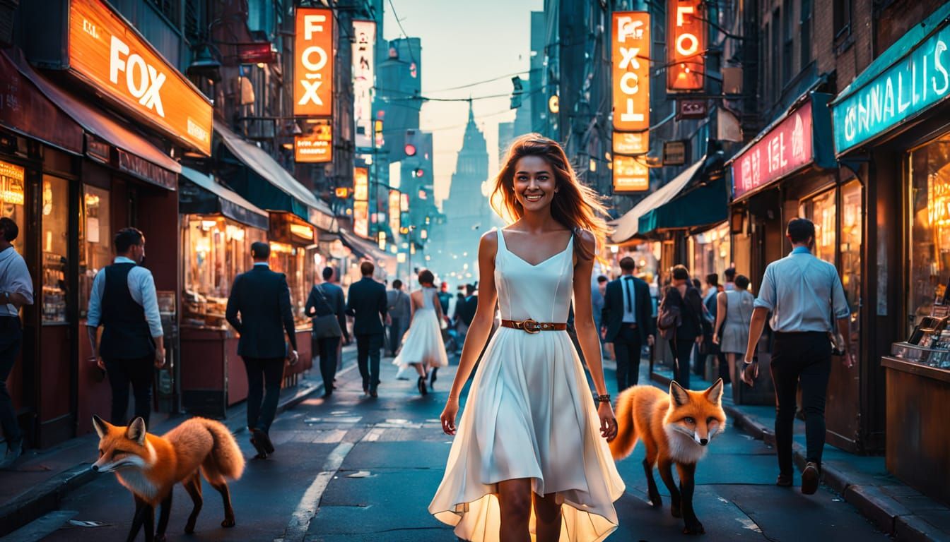 Woman and Fox in Vibrant Cityscape