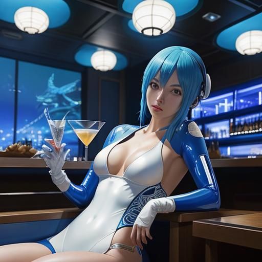 Girl at Futuristic Bar in Studio Ghibli Style