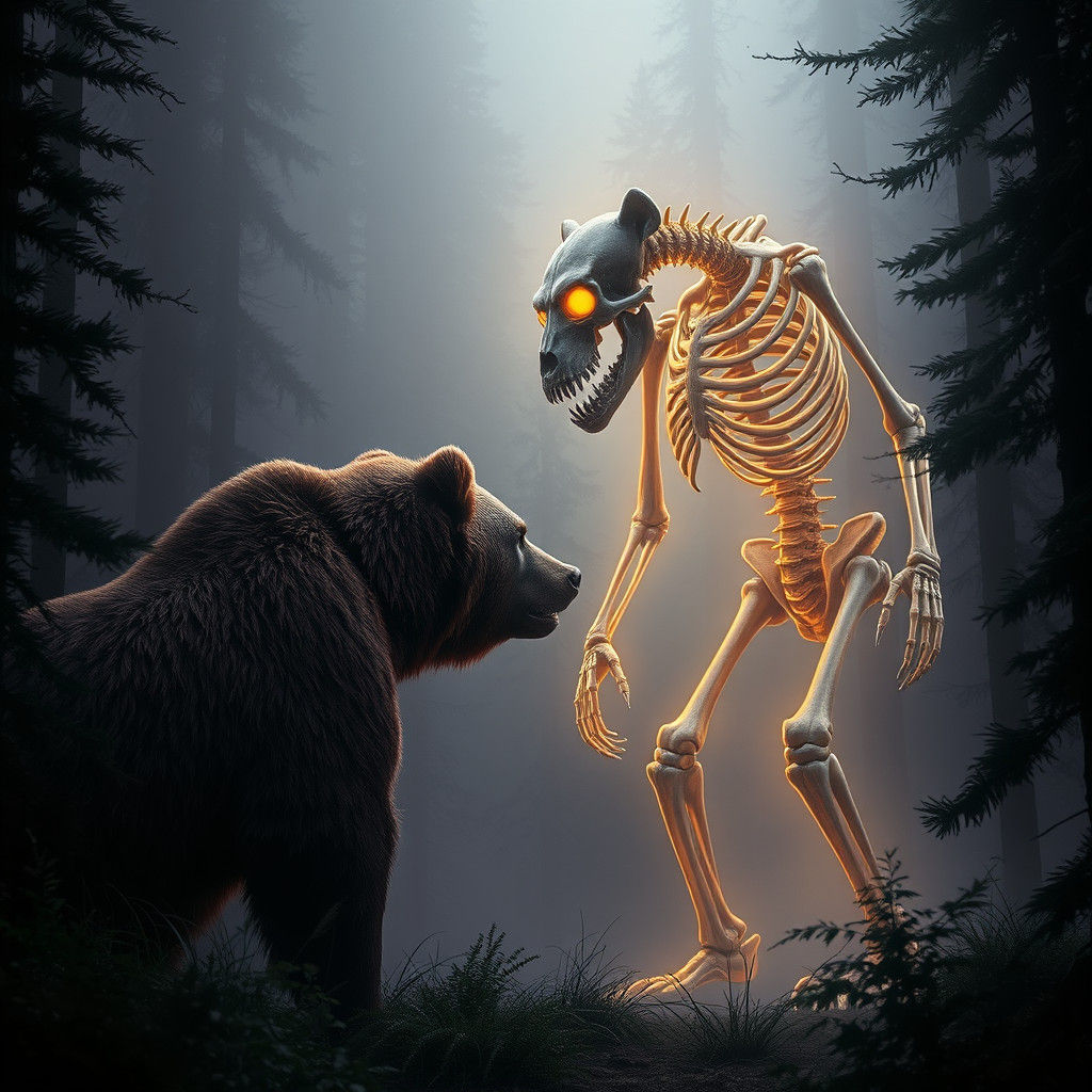 Grizzly Bear Confronts Ghost in Mystical Forest