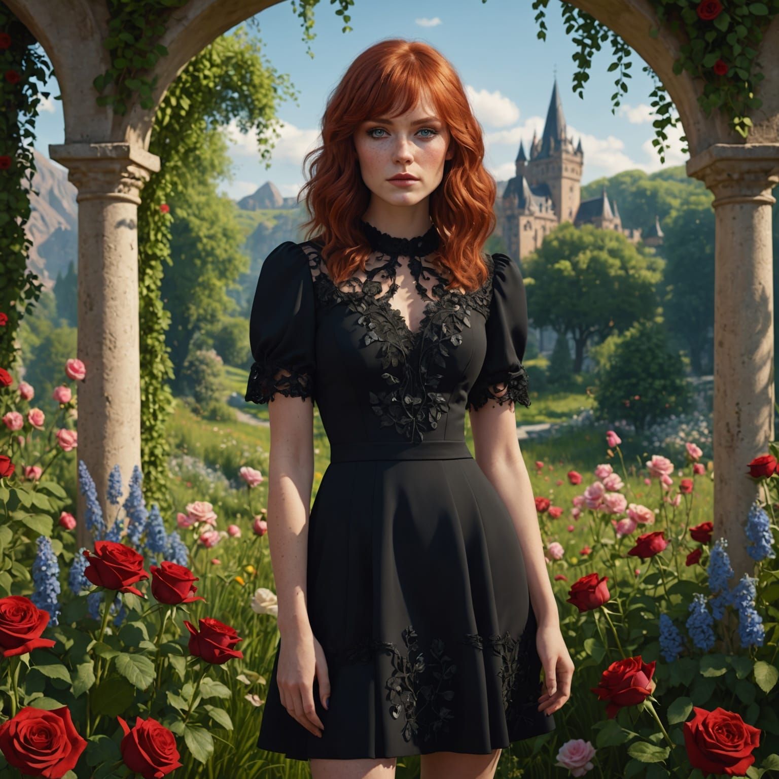 Woman in Flower Meadow, Detailed Matte Painting