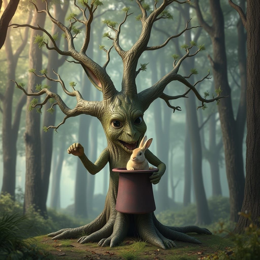 Hyperrealistic Tree Performs Magic Trick in Enchanted Forest
