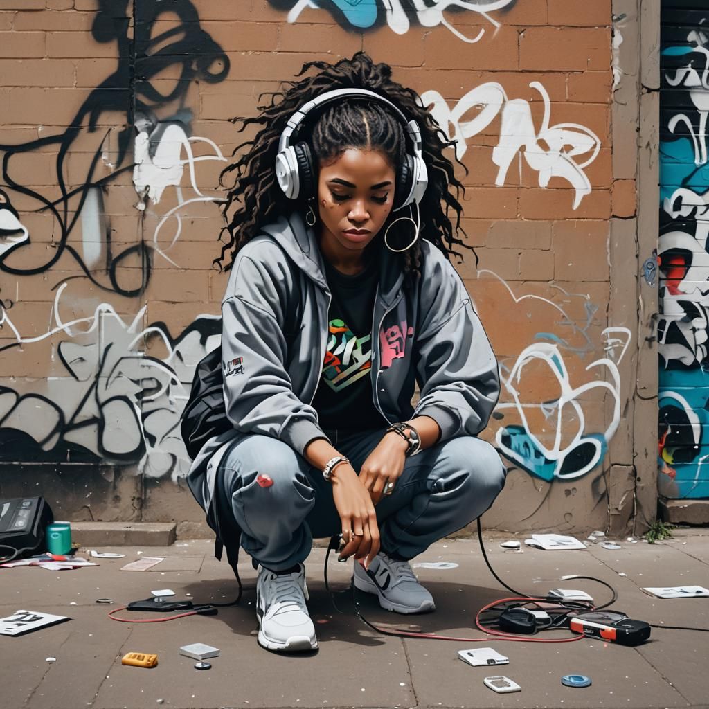 Anime Graffiti Artist with Discman in Urban Scene