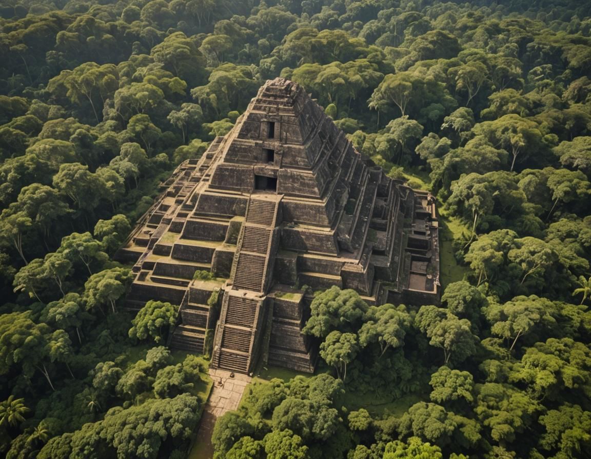 Large Aztec temple pyramid in a jungle