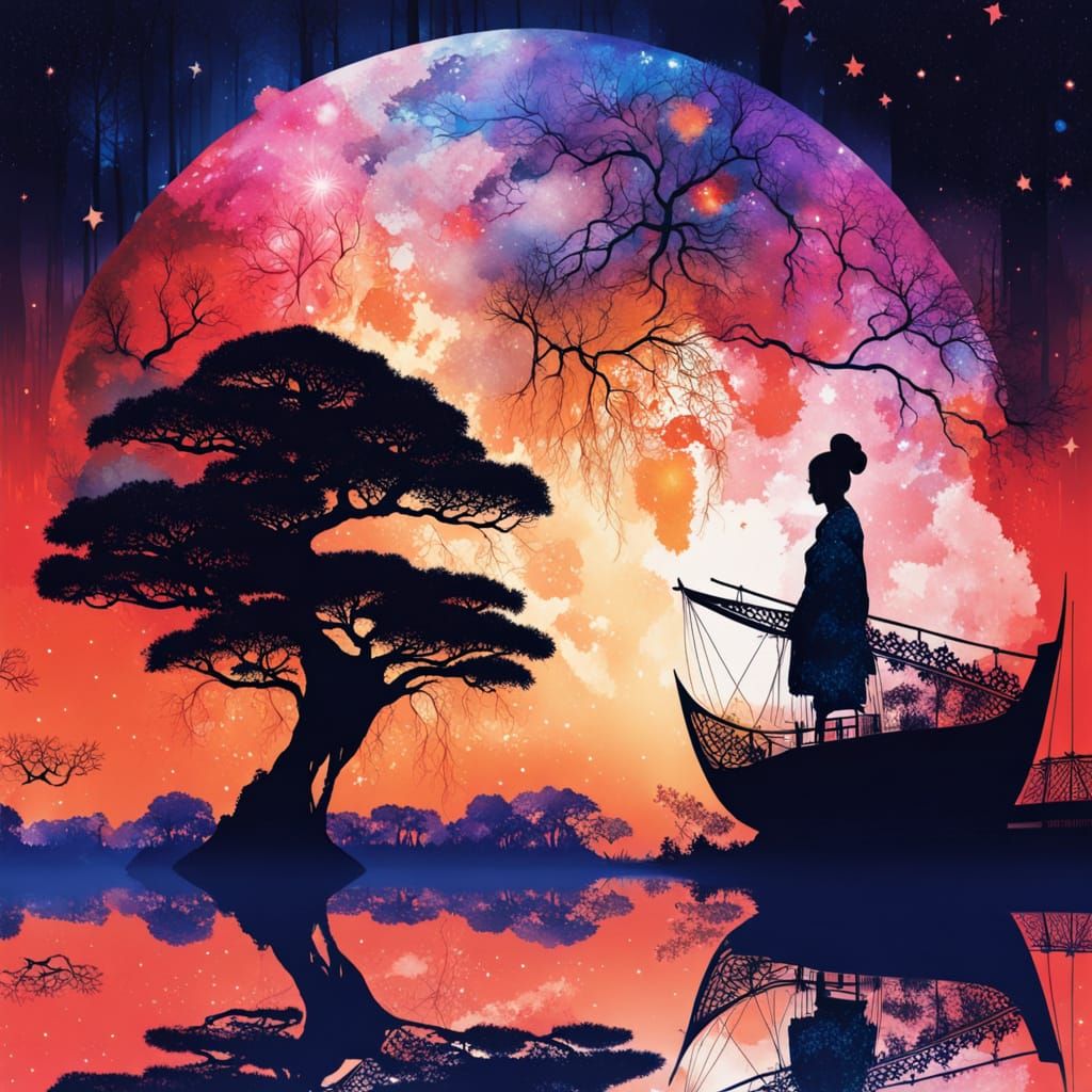 Dreamlike Galaxy Meets Silhouette Geisha in Vibrant Double E...