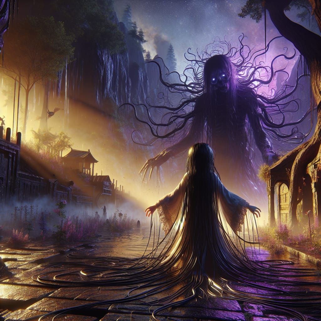 Gothic Girl and Ghost in Dark Fantasy World