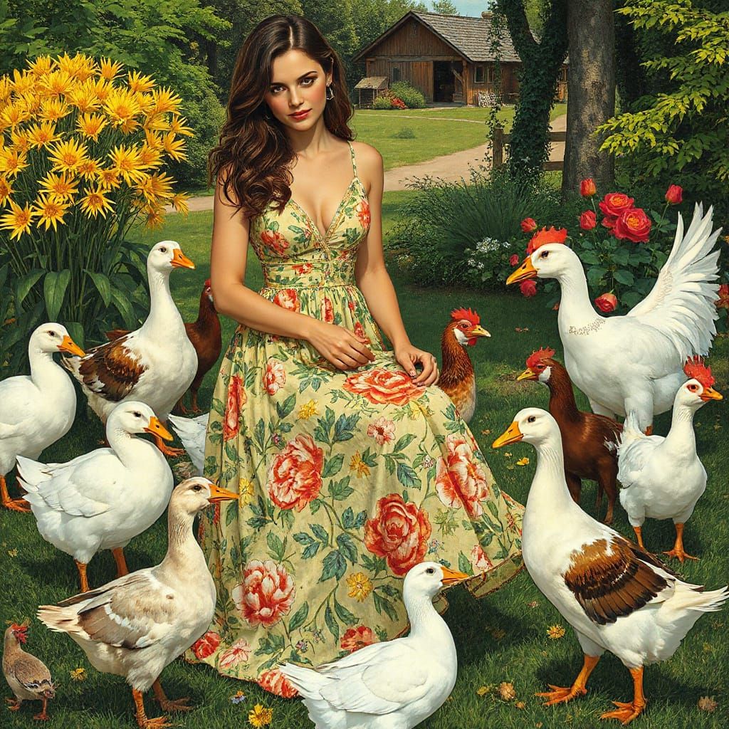 Elegant Farm Garden Scene in Art Nouveau Style