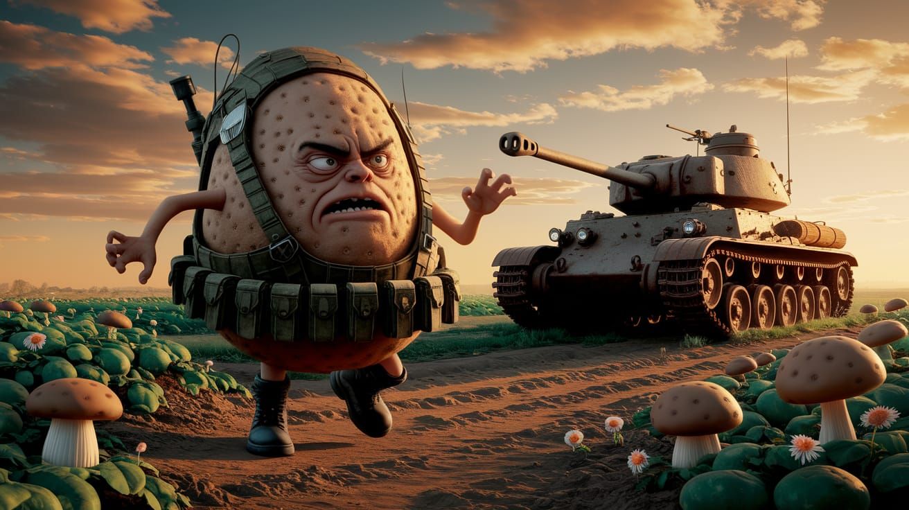 Evil Potato in Combat Gear Stalks Lush Field
