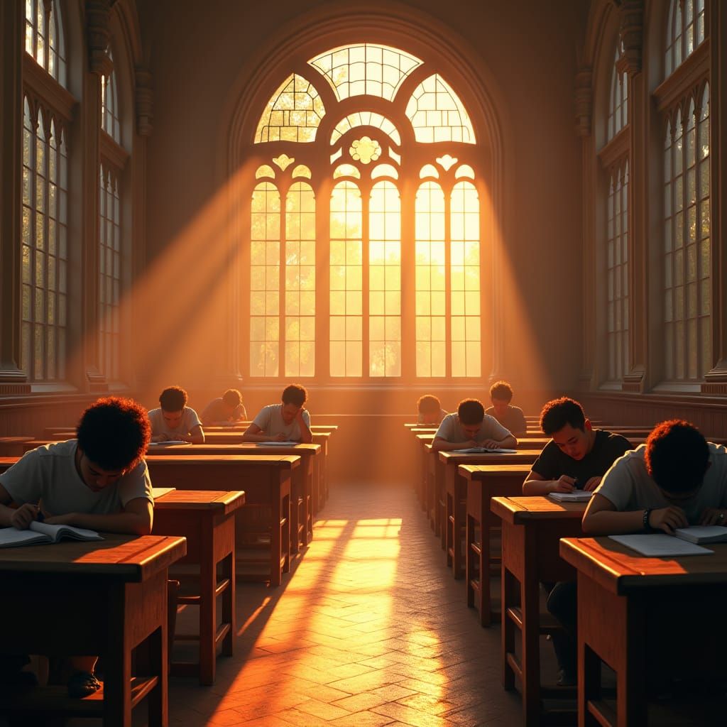 Sunrise in Ornate University Classroom, Digital Art