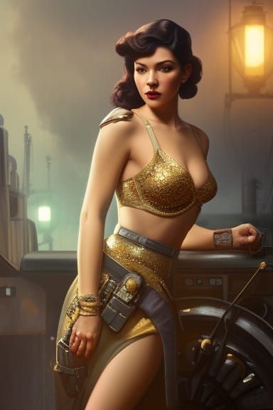 cute military pilot pin up girl, Anya Taylor Joy, steampunk mixed with dieselpunk and art nouveau, tone mapped, shiny, i...