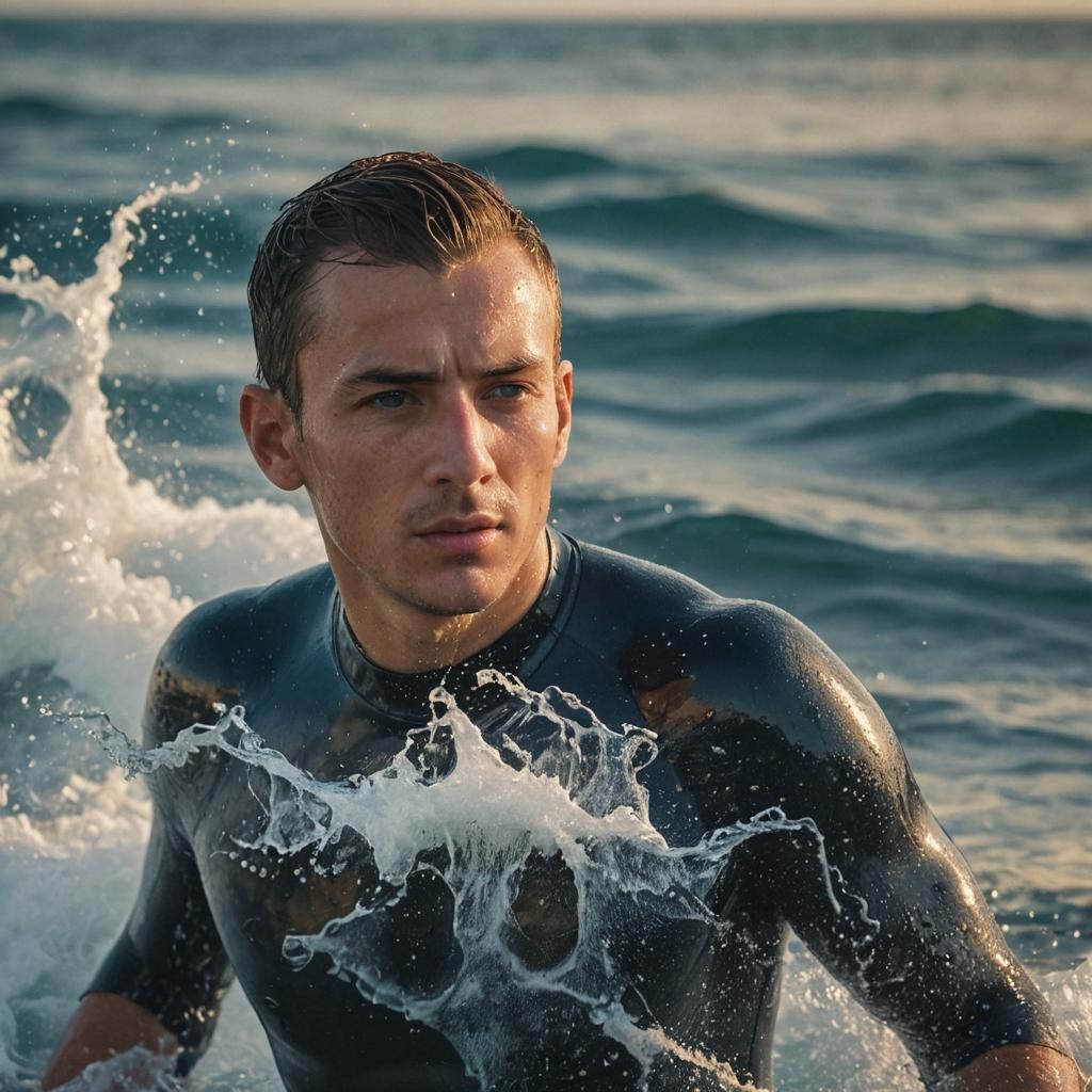 Slavic Man Surfing in Tropical Ocean: Photorealistic Portrai...