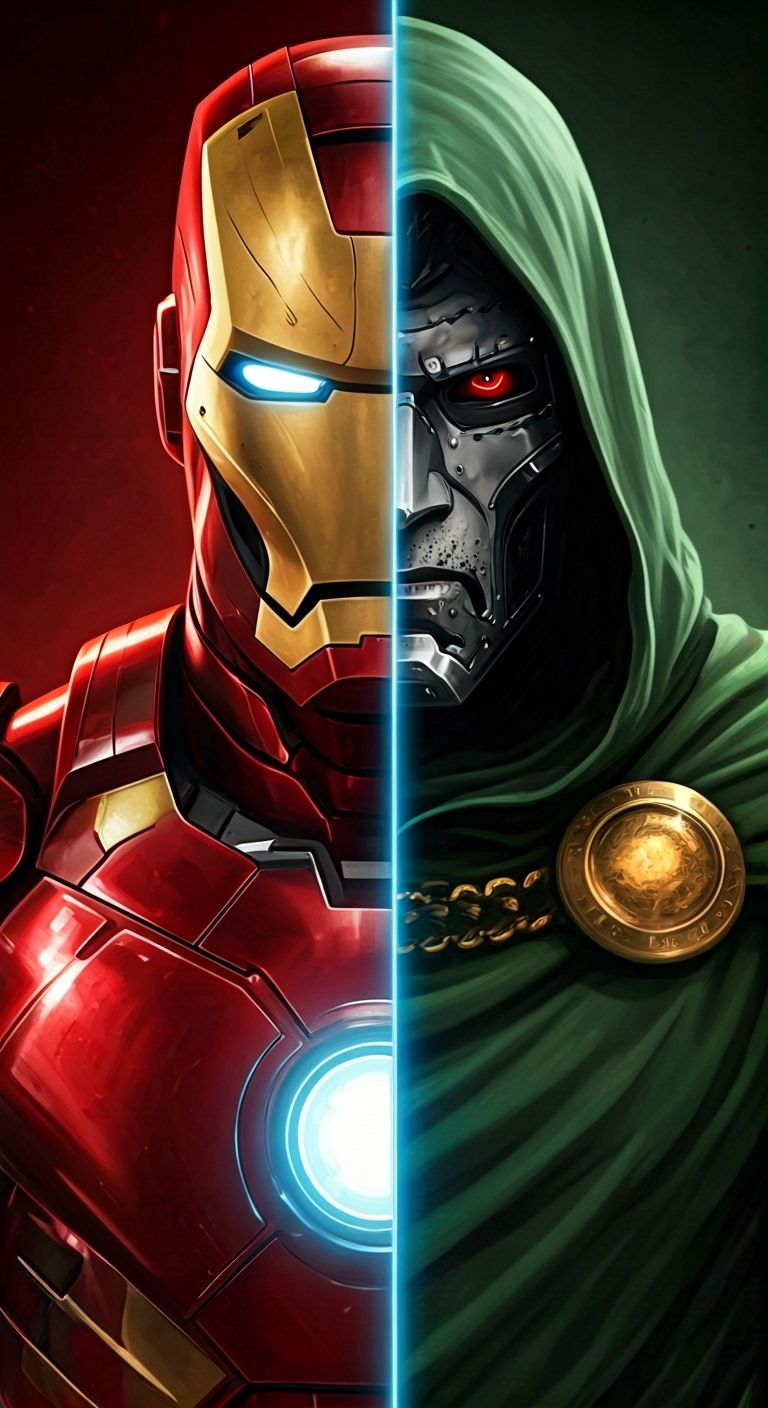 Detailed Split Portrait: Iron Man and Doctor Doom