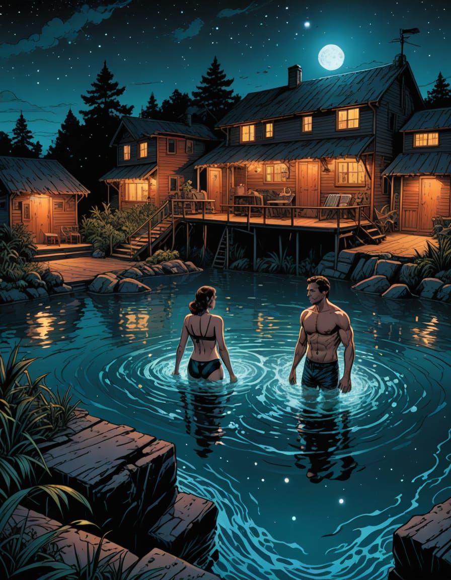 Surreal Nighttime Swimming Scene in Comic Book Style
