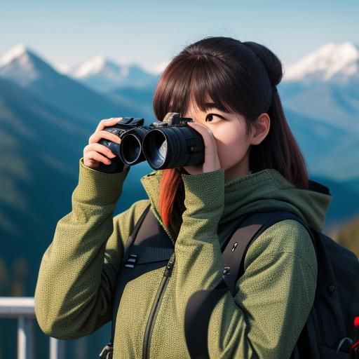 Girl Observes Mountain Range with Binoculars