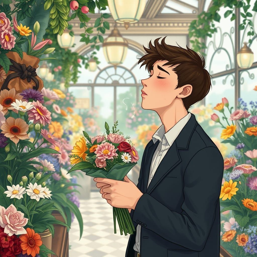 Man Sneezing in Flower Shop, Art Nouveau Style
