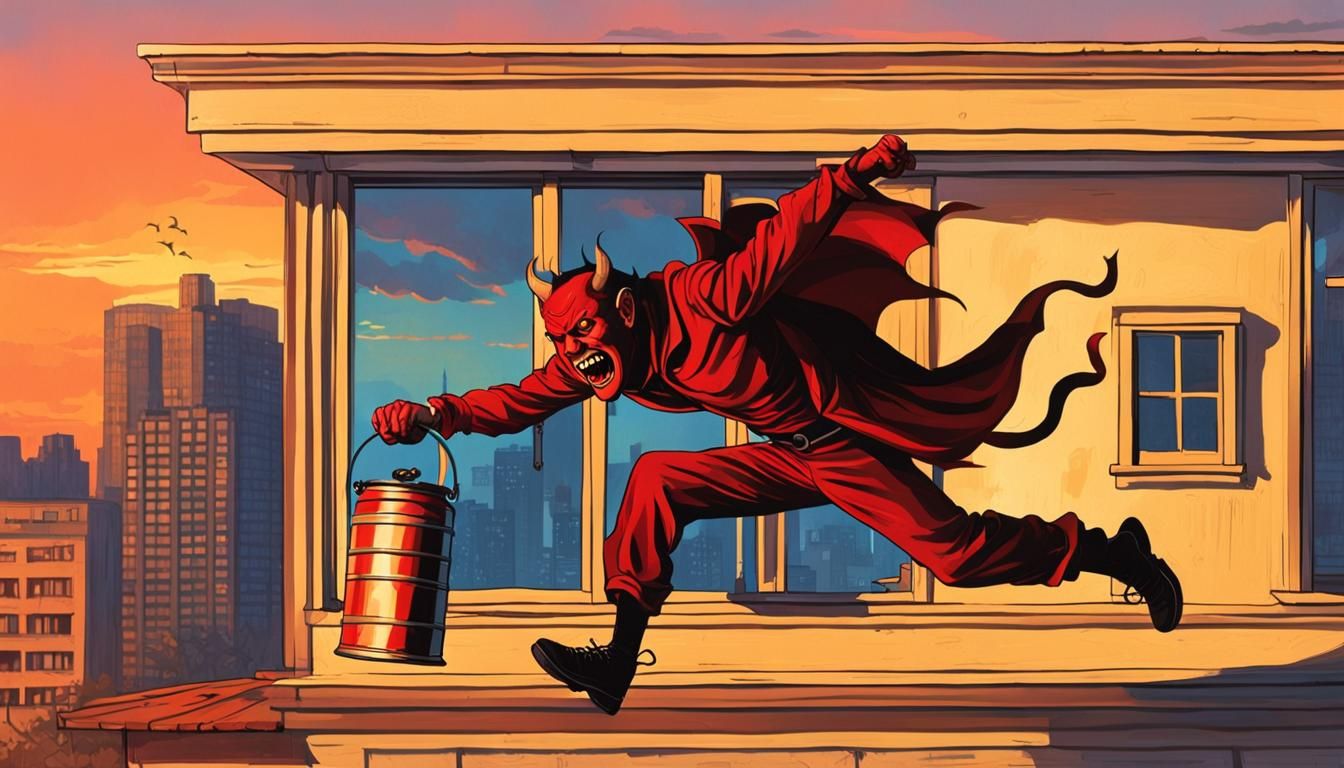 Devil Leaps from Window with Film Reel at Sunset