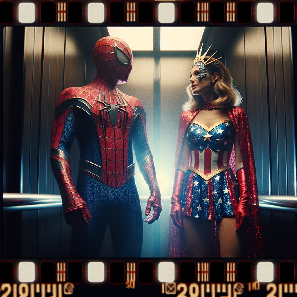 Superheroes in Tense Elevator Scene on 35mm Film