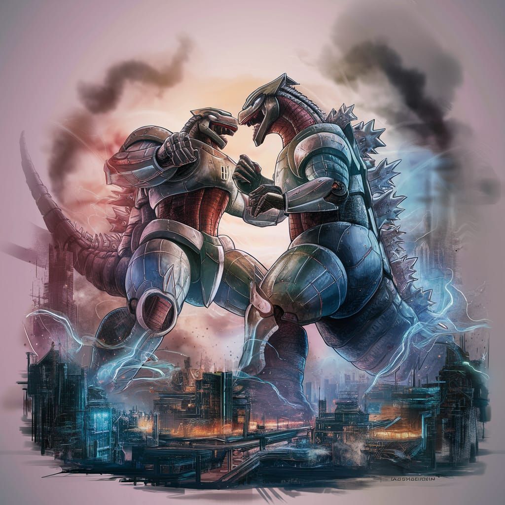 Anime-Style Mecha Godzilla Battles in Futuristic City