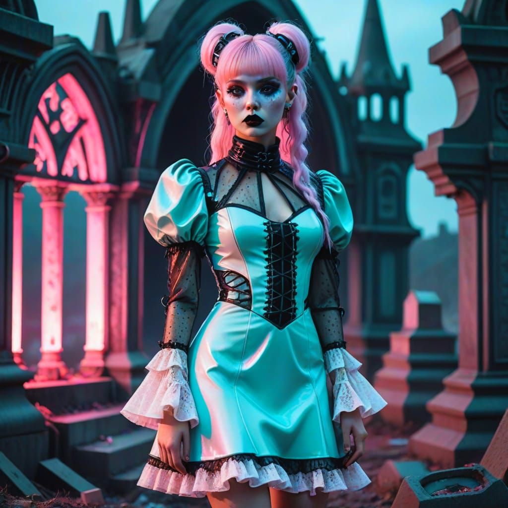 Synthwave Gothic Vampire Princess in Graveyard