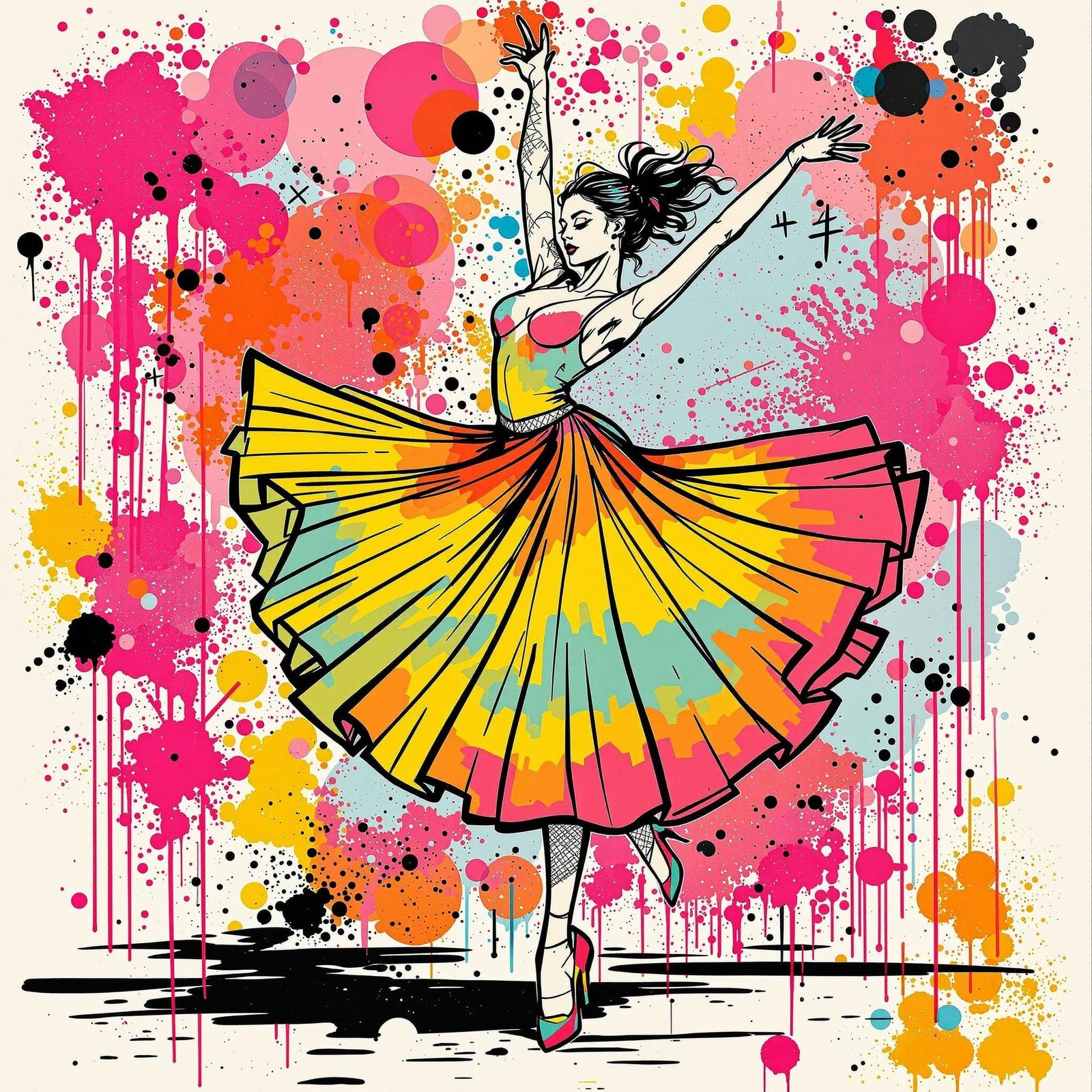 Colorful Retro Dancer Pirouette in Street Art Style