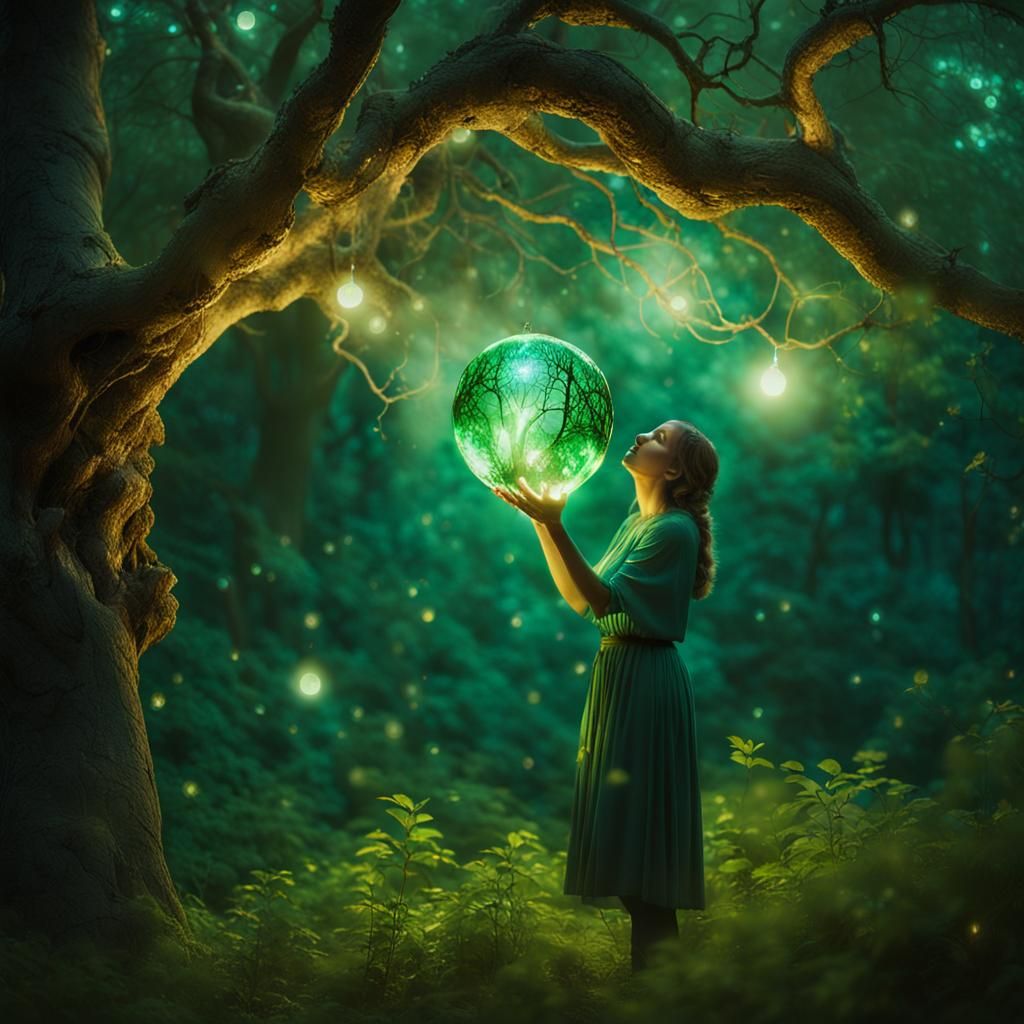 Mystical Glade: Woman and Shimmering Orb