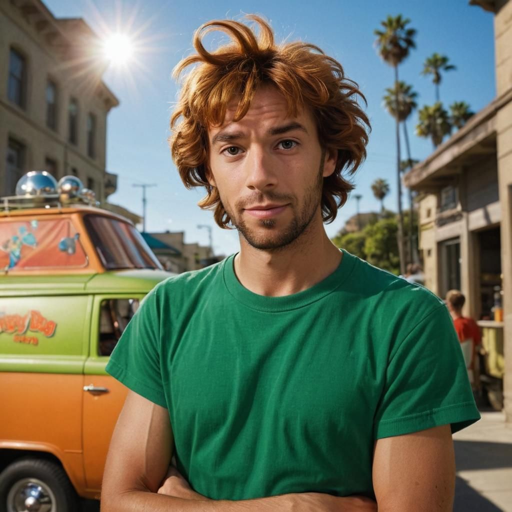 Realistic Shaggy Rogers Portrait with Mystery Machine