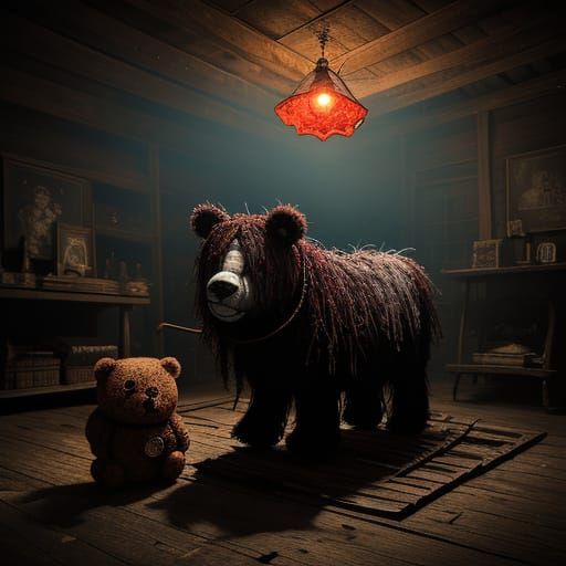 Menacing Teddy Bear with Glowing Eyes on Rocking Horse