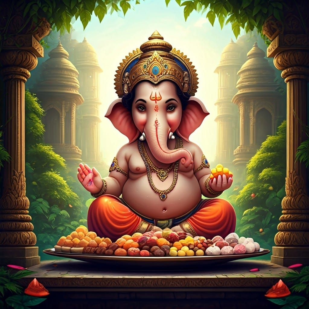 Lord Ganesh with Baby Face Relishing Sweets