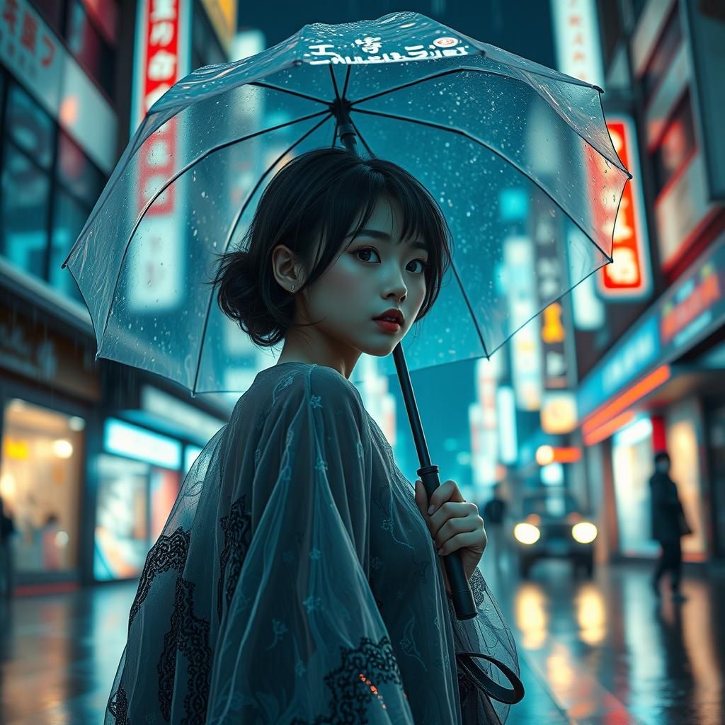 low angle wide shot a of cute woman walking in a busy street...