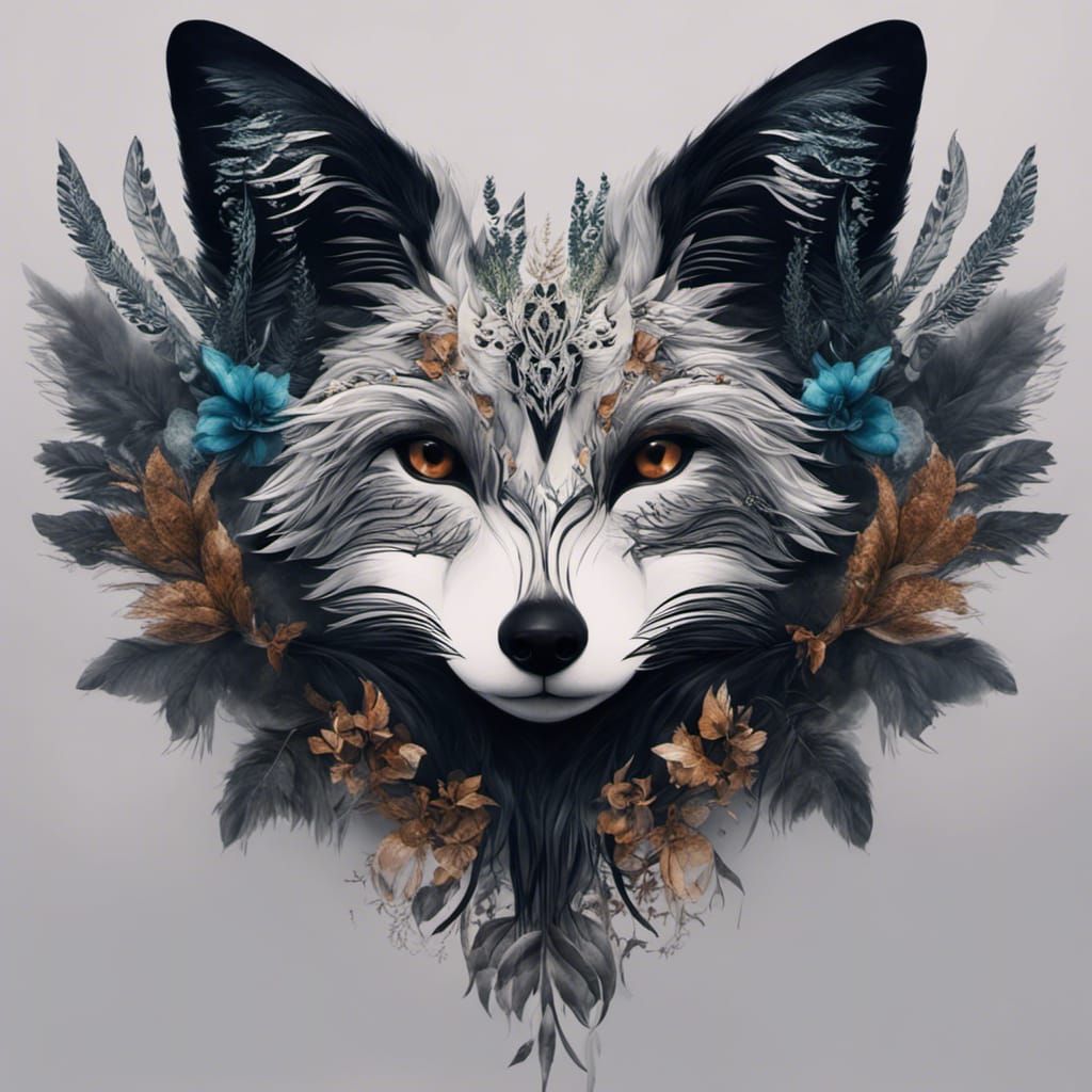 Fox with Metallic Wings in Double Exposure Style