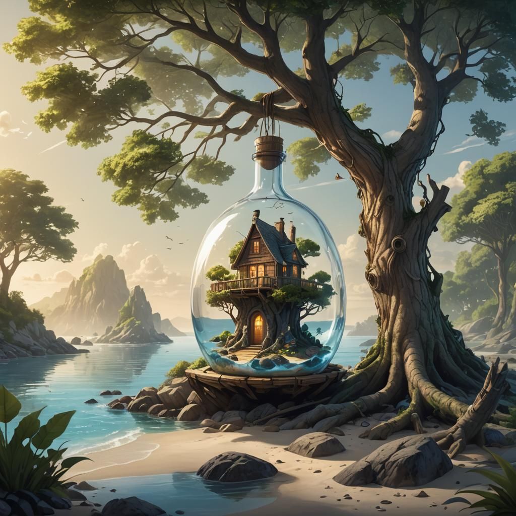Fantasy Cabin Inside Glass Bottle Concept Art