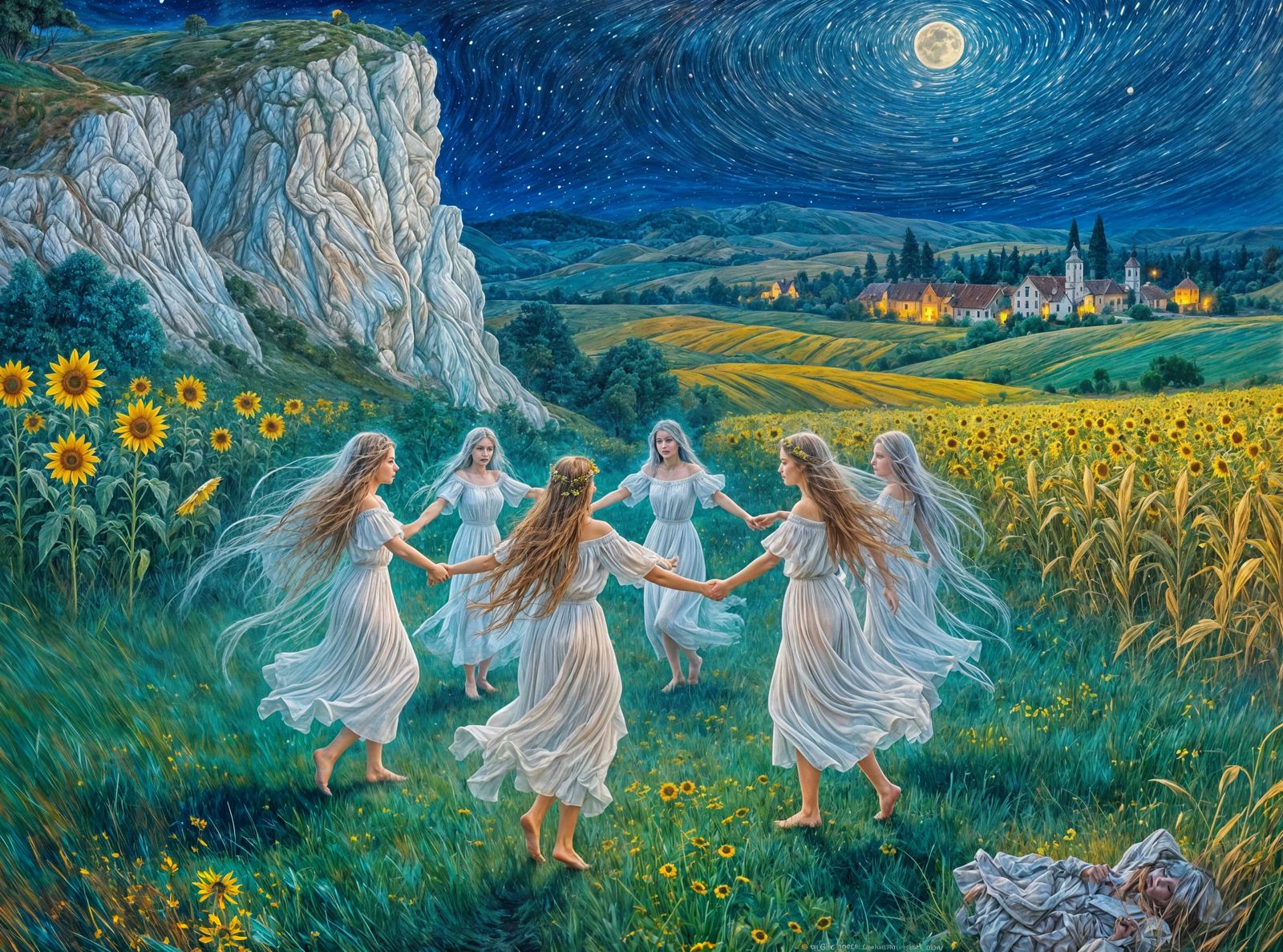 Ethereal Samodivas Dancing in Moonlit Meadow