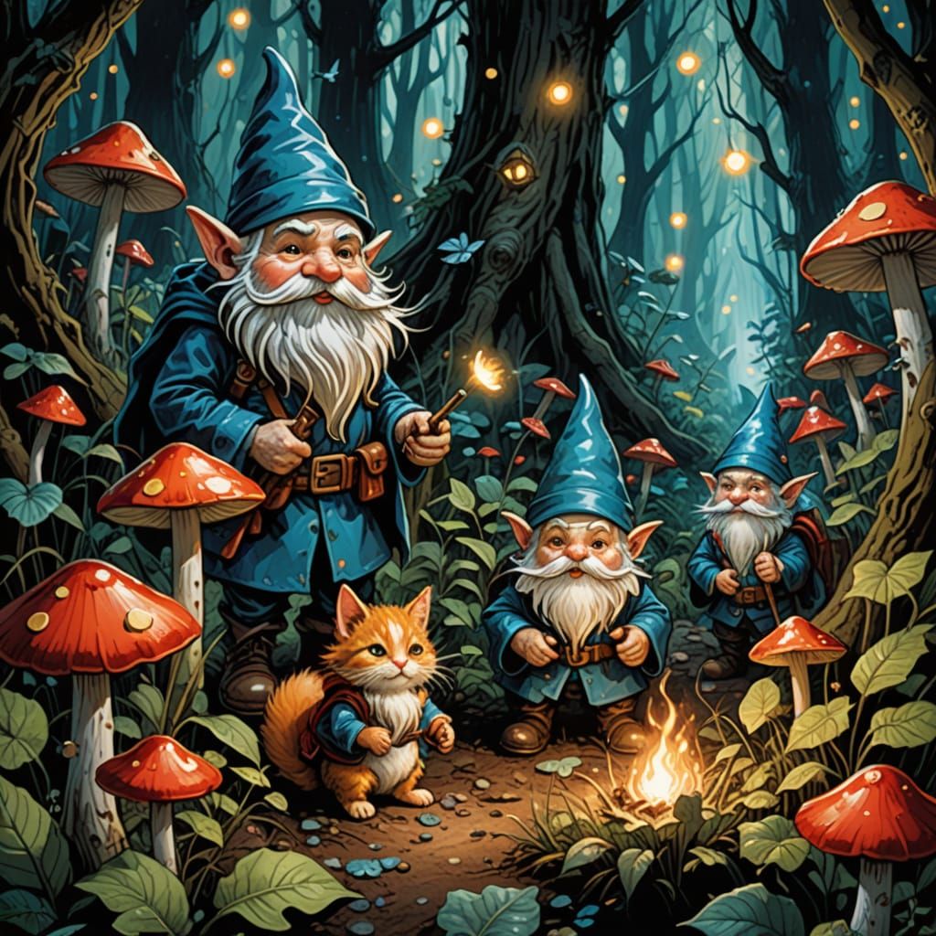 Superhero Gnomes Rescue Kittens in Bioluminescent Forest