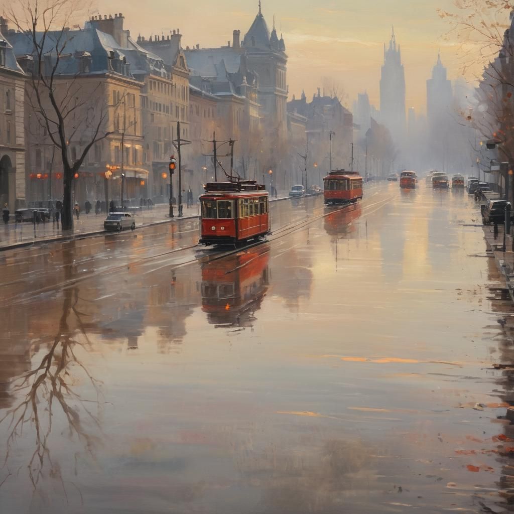 Dreamy Morning Streetscape in Impasto Oil Painting Style