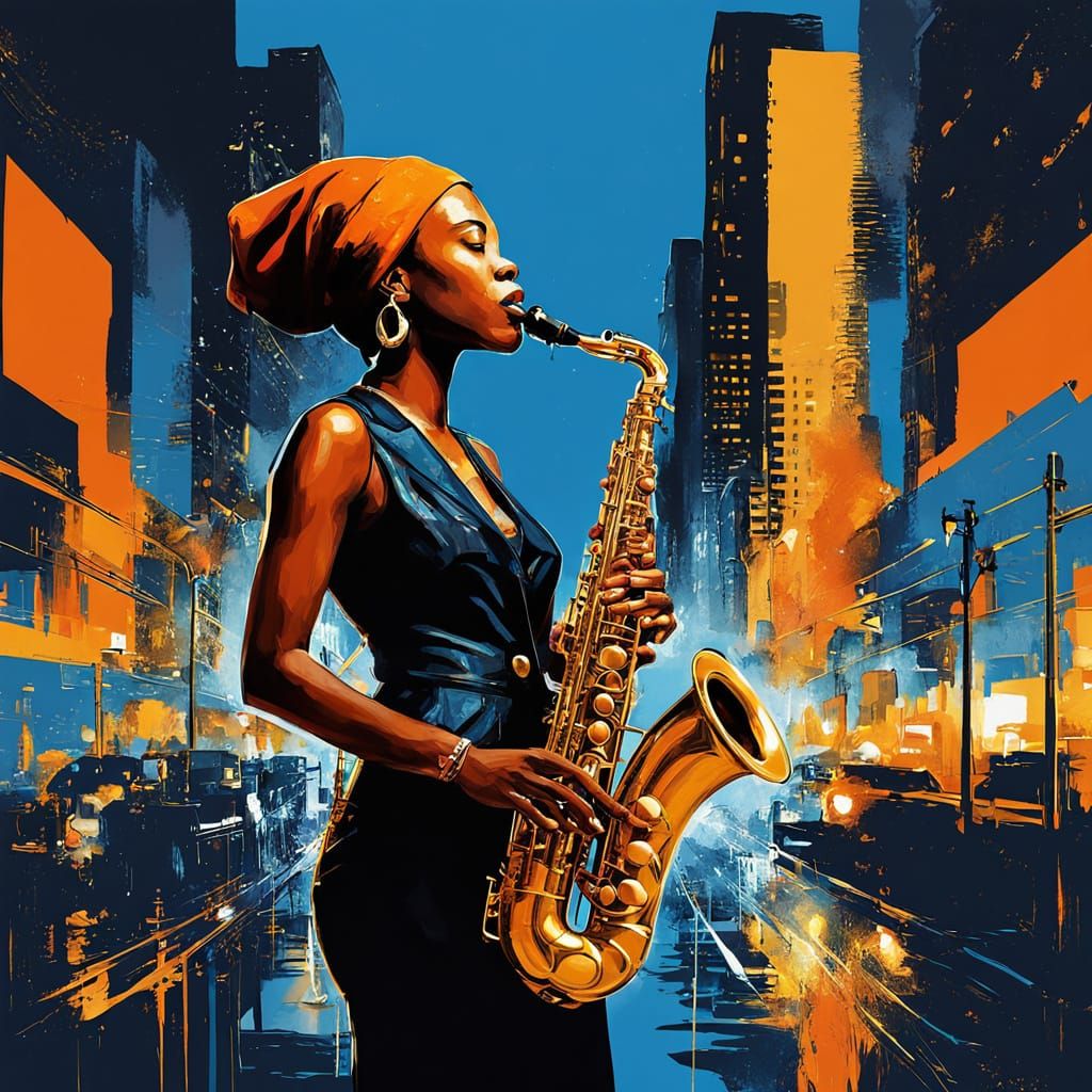 Jazz Musician Silhouette in Urban Digital Art