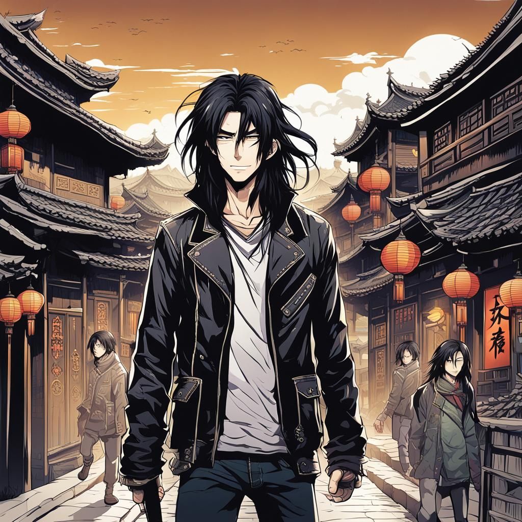 Anime Illustration of Man in Fantasy Town