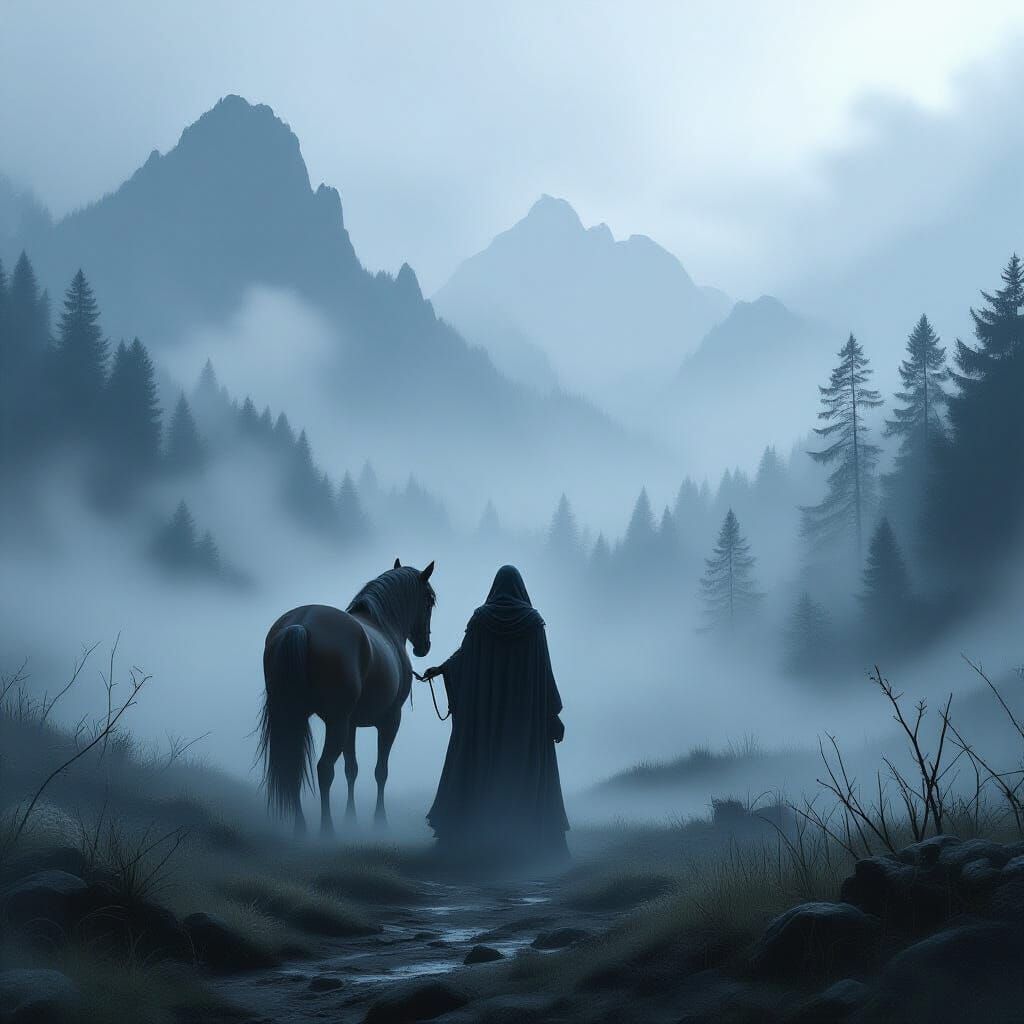 Dark Fantasy Traveler in Foggy Forest Clearing