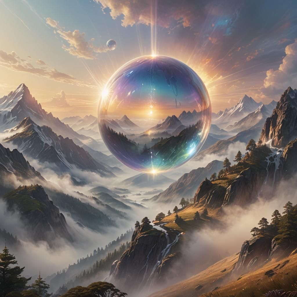 Iridescent Orb Above Misty Mountain Landscape