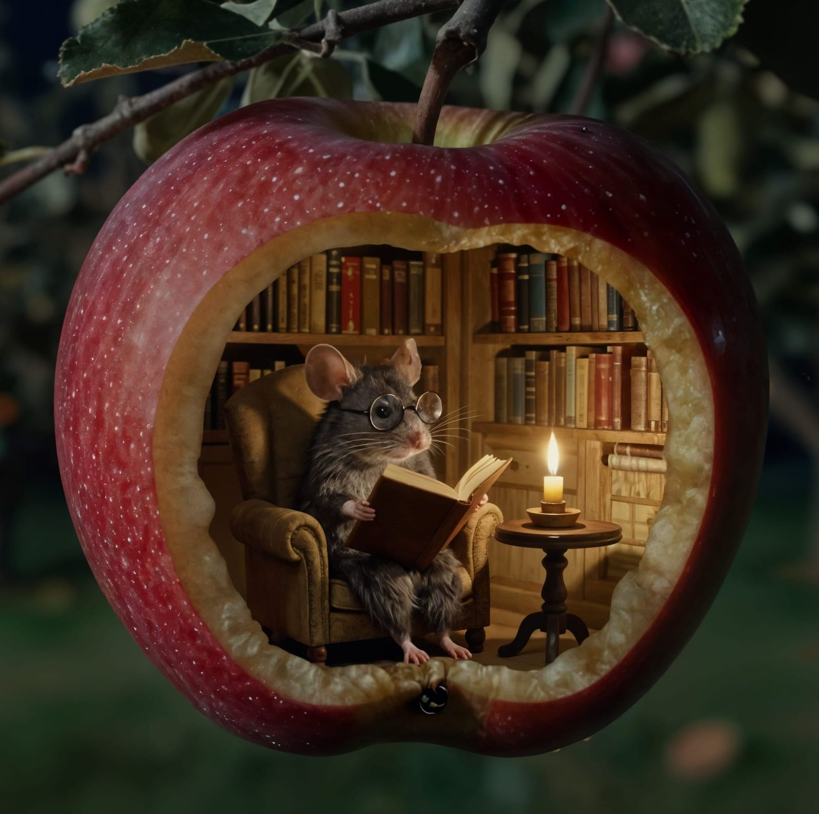 Mouse Reading Inside Giant Apple Library