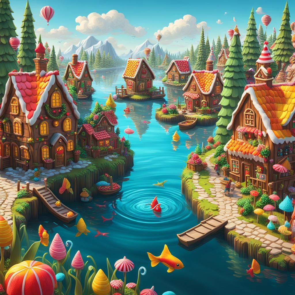 Gingerbread Village Scene in Candy Art Style