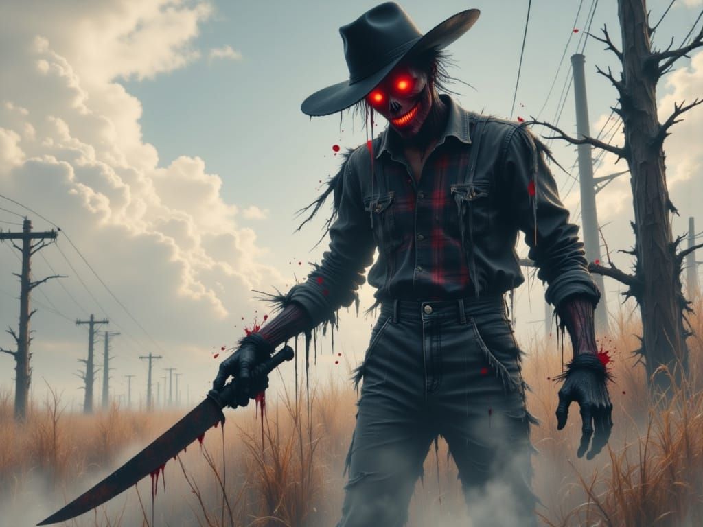 Sinister Scarecrow with Bloody Blade in Gothic Realism