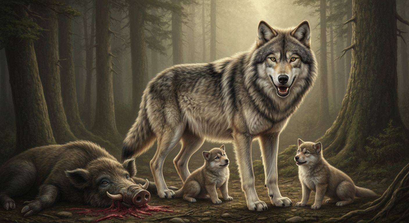 Protective Wolf with Puppies in Forest, Painterly Style