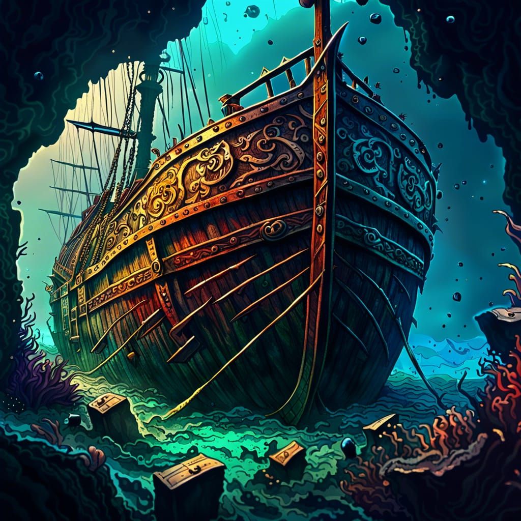 Underwater Viking Drakkar Shipwreck Ink Drawing