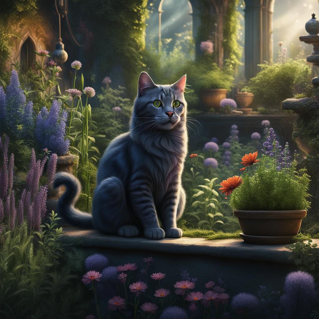 Cat in Herb Garden: Detailed Matte Painting