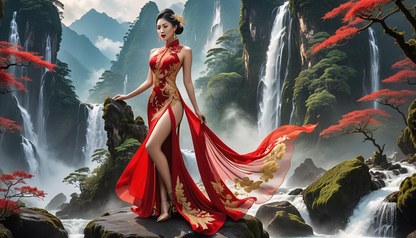 Asian Goddess in Flowing Cheongsam with Biomechanical Wings