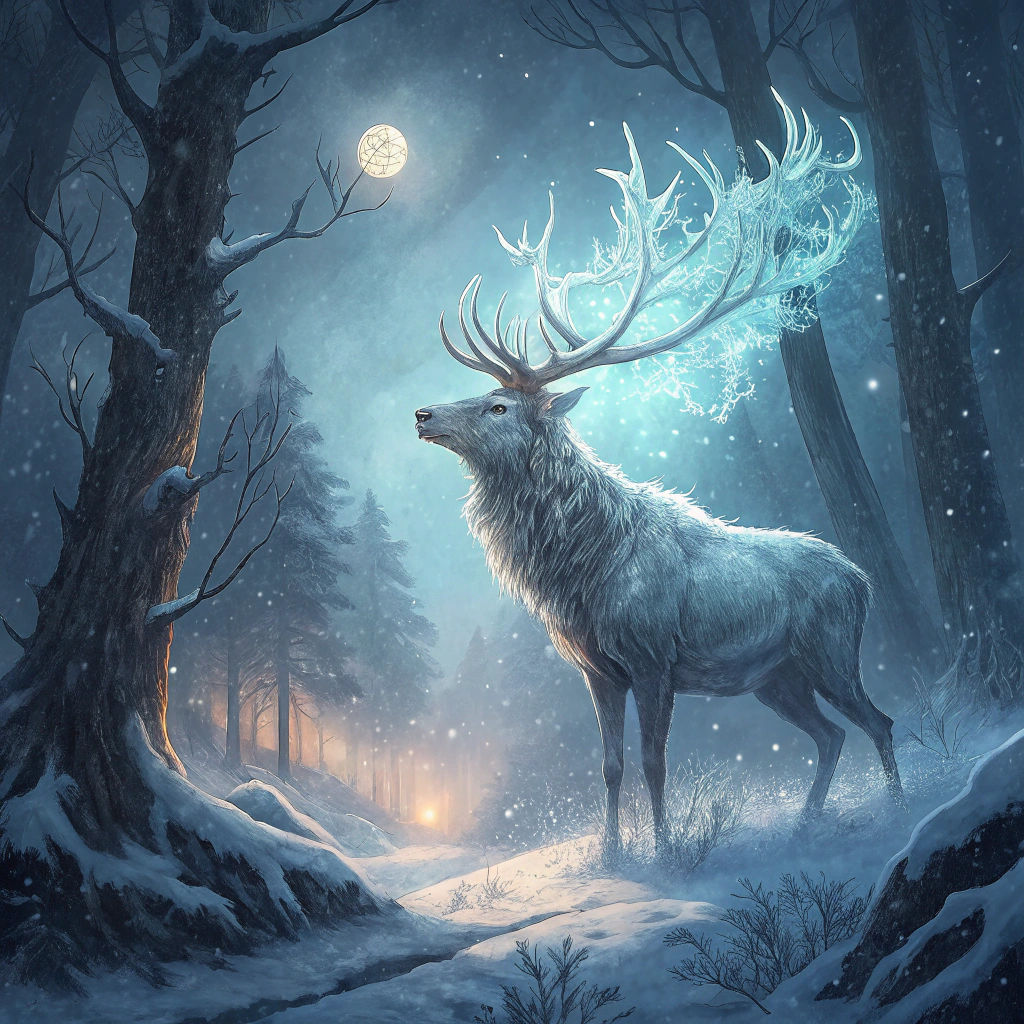 Ethereal Elk in Winter Forest, Mystical Realism