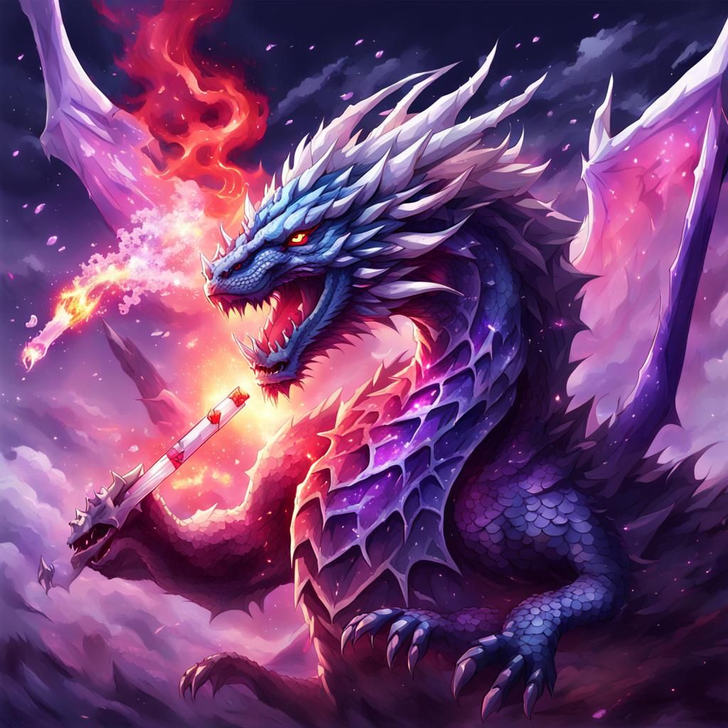 Crystal Dragon with Purple Flames in Anime Style