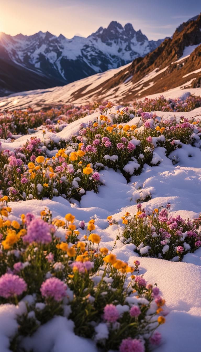 Mountain Flowers and Snow at Sunset