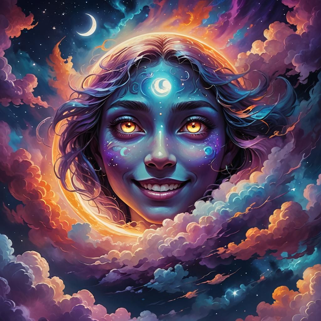 Smiling Moon Face in Vibrant Oil Painting