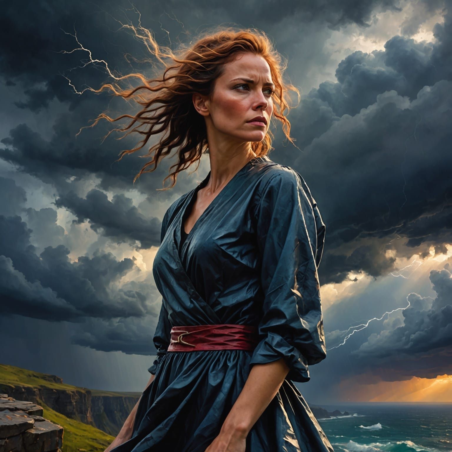 Woman on Cliff Edge in Storm, Mixed-Media Art