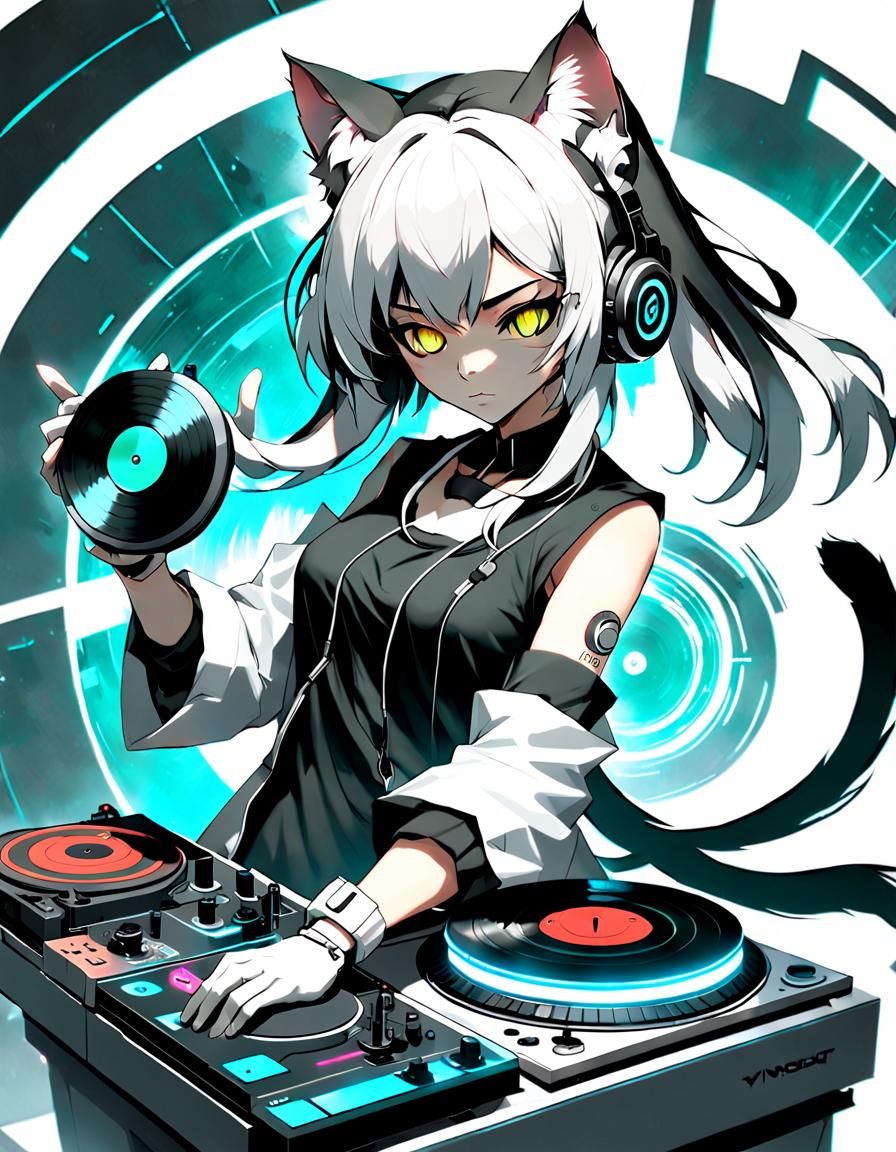 Cyberpunk Cat Girl DJ in Anime Key Visual Style